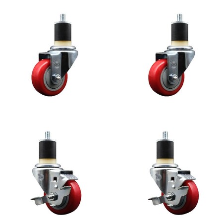 Service Caster 3'' SS Red Poly Wheel Swivel 1-7/8'' Expanding Stem Caster Set 2 Brakes, 4PK SCC-SSEX20S314-PPUB-RED-2-TLB-2-178
